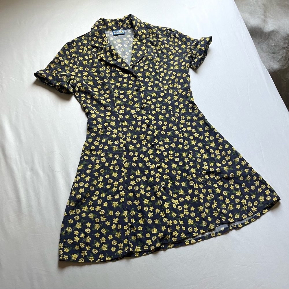 LHD navy blue yellow floral print short sleeve‎ button up mini dress